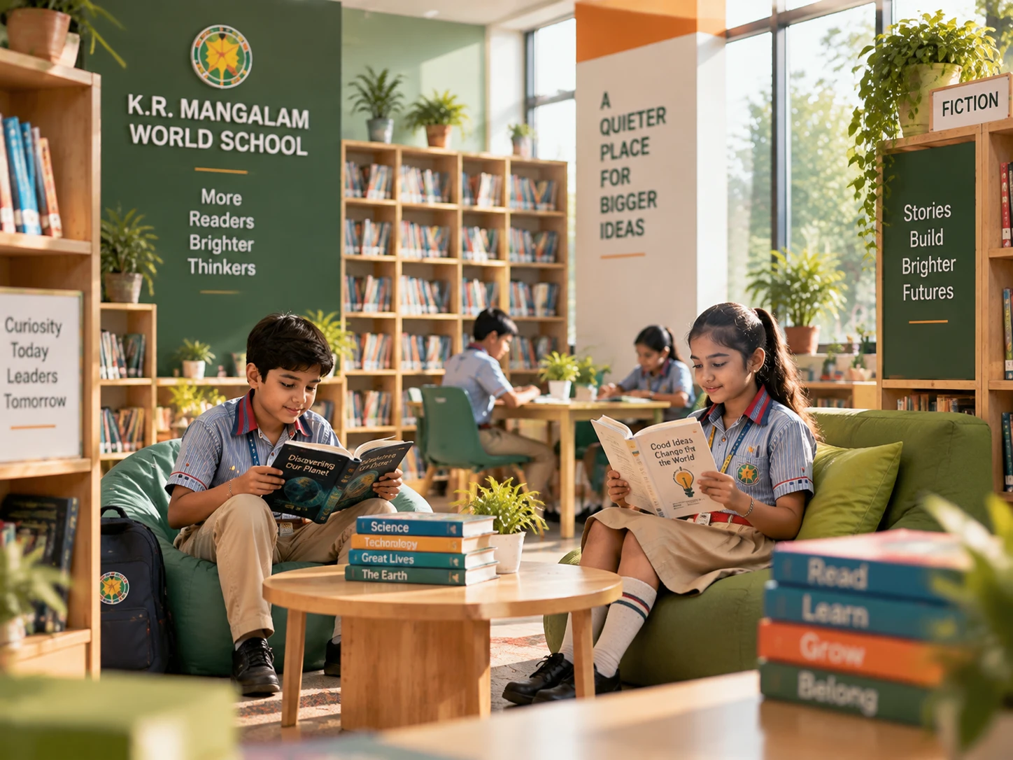 Library and reading corner at K.R. Mangalam World School, Indirapuram
