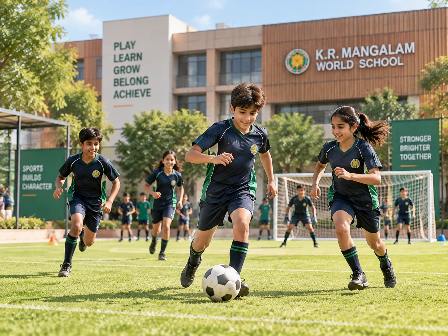 Students playing sports on the field at K.R. Mangalam World School, Indirapuram