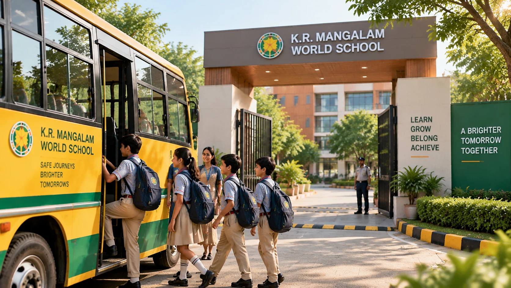 School gate and GPS-tracked bus at K.R. Mangalam World School, Indirapuram