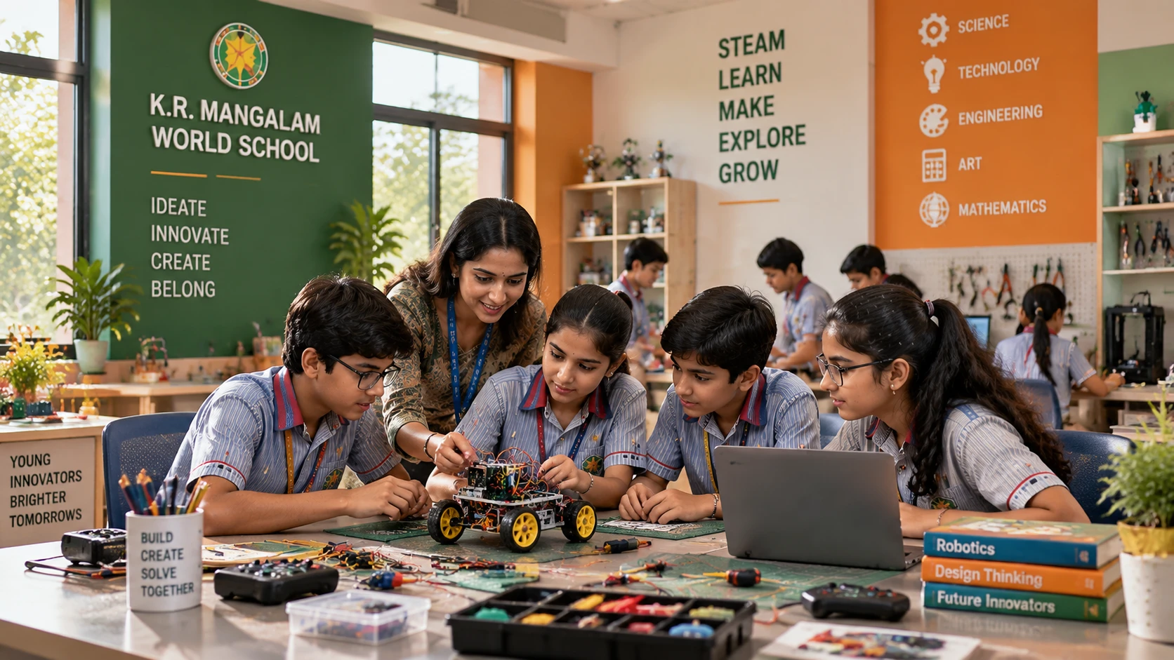 Students building robots in the Robotics Lab at K.R. Mangalam World School, Indirapuram