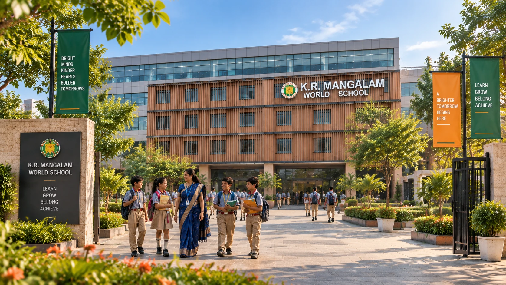 K.R. Mangalam World School, Indirapuram campus entrance and students